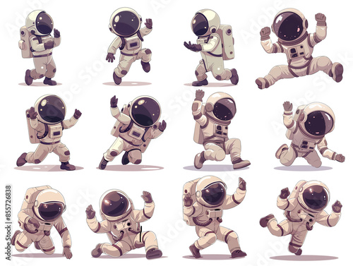 Set of 12 happy dancing and jumping cartoon astronauts in different poses isolated on transparent background.
