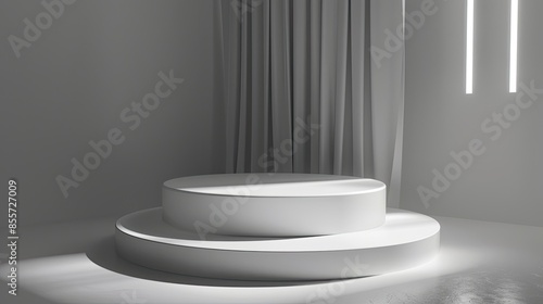 Minimalist podium stage niche with soft lighting, decorative plants, and a white platform © chesleatsz