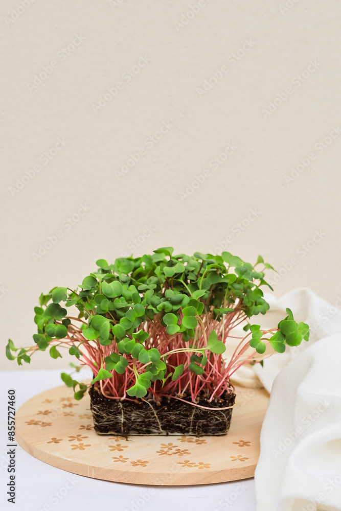 Microgreens con Raíces sobre Fondo Blanco y Madera Microgreens con Raíces sobre Fondo Blanco y Madera