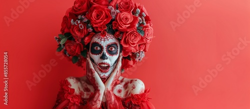 A woman with a Mexican skull design and a scared expression, La Catrina, adorned with roses, against a solid red background, copy space.