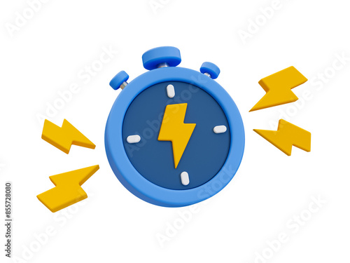 3D illustration of a stopwatch with lightning bolts, representing speed, efficiency, and quick performance. photo