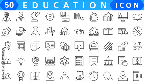 Education Line Editable Icons set. Vector illustration in modern thin line style of school icons: school subjects, supplies, science, and online learning. Isolated on white