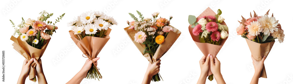 Hand holding flower bouquet set Hand holding flower bouquet set