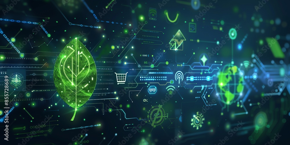 A sleek digital image depicting Kjupi's integration of sustainability and advanced technology in advertising. Background gradient dark blue with faint digital circuits. Icons from left to right 2:1 A sleek digital image depicting Kjupi's integration of sustainability and advanced technology in advertising. Background gradient dark blue with faint digital circuits. Icons from left to right 2:1