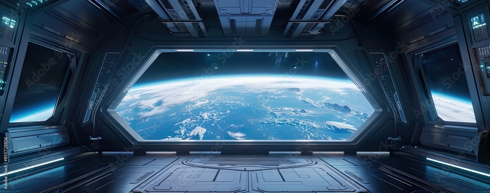 View of Earth from a futuristic space station window, suitable for space exploration themes and high-tech presentations View of Earth from a futuristic space station window, suitable for space exploration themes and high-tech presentations