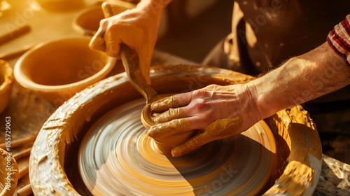 A potter's hands shaping clay on the spinning wheel in a sunlit studio, with tools and bowls of water nearby. photo