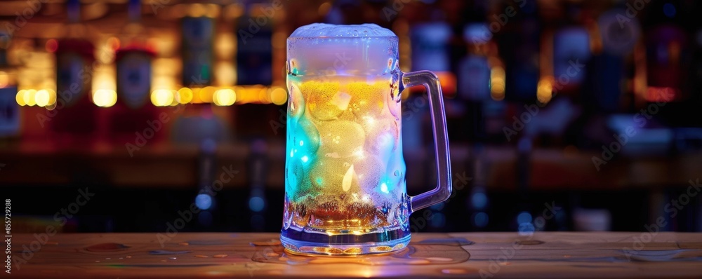 A futuristic hologram beer mug with a frothy head, illustrating the blend of technology and traditional refreshment A futuristic hologram beer mug with a frothy head, illustrating the blend of technology and traditional refreshment