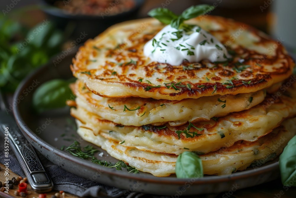 Delicious Homemade Potato Pancakes with Sour Cream and Fresh Herbs - Perfect for Breakfast or Brunch Delicious Homemade Potato Pancakes with Sour Cream and Fresh Herbs - Perfect for Breakfast or Brunch