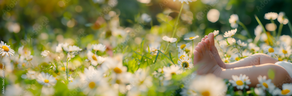 Close up of tiny foot of a newborn baby lying in a spring garden surrounded by pretty daisies banner. Copy space. Close up of tiny foot of a newborn baby lying in a spring garden surrounded by pretty daisies banner. Copy space.