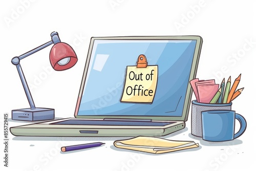 Illustration of a laptop with an 'Out of Office' sign, surrounded by office supplies, symbolizing a break or vacation from work.