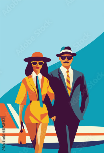 A man and a woman, a flight attendant and a steward against the background of an airplane and the sky, a postcard banner with a place for text for flight attendant day, aviation day