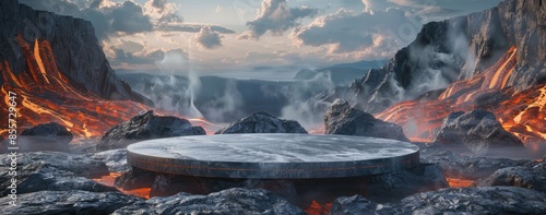 Molten lava and podium stage surrounding a platform in a dramatic smoke filled volcanic environment with glowing embers