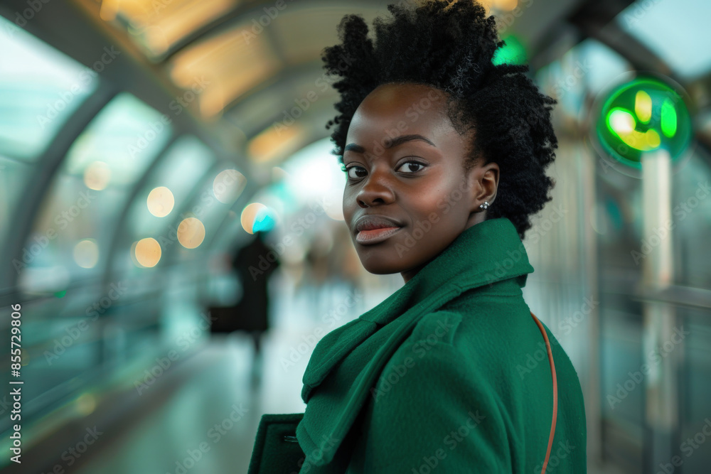Confident Woman in Green Coat at Train Station Confident Woman in Green Coat at Train Station