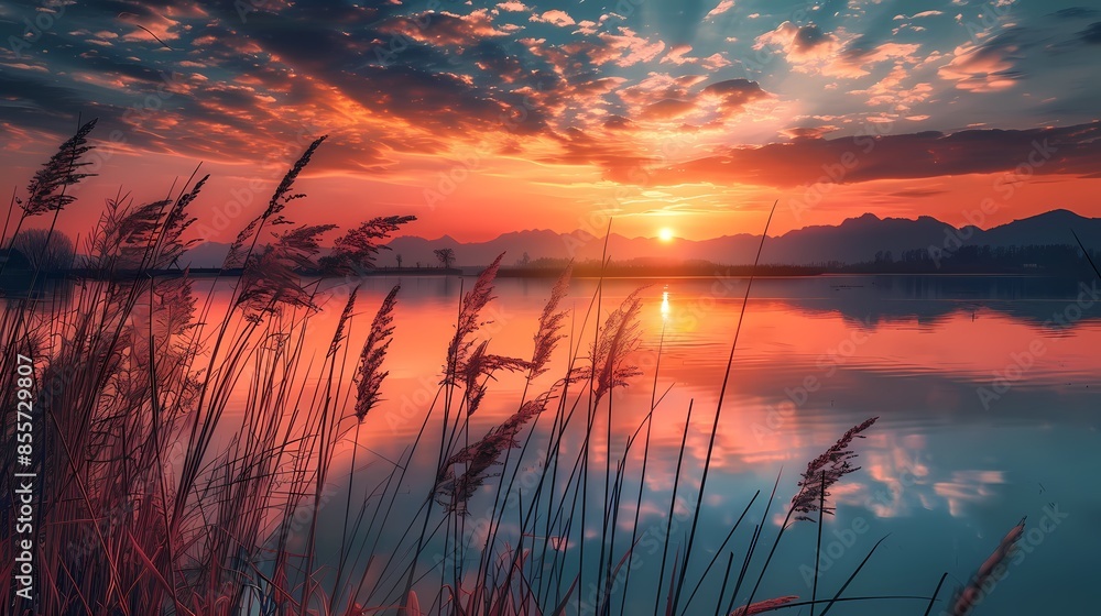 Fototapeta premium Orange red lake sunset reeds illustration poster background