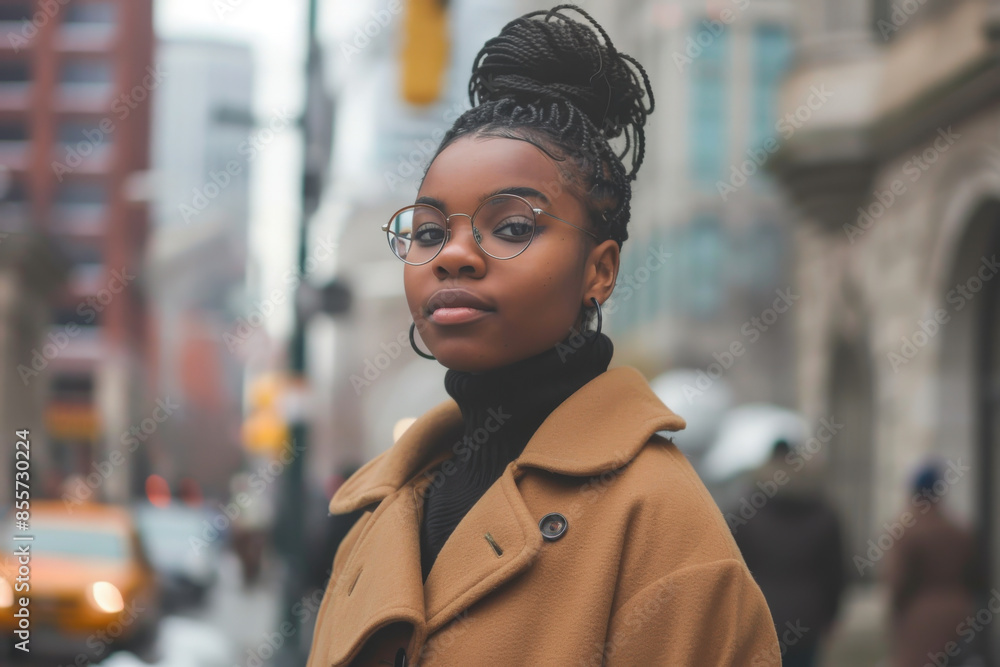 Fototapeta premium Young Woman in City at Dusk 