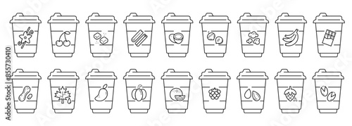 Coffee cup icons with various coffee syrup tastes, coffee to-go paper mugs with vanilla, coconut, salted caramel and hazelnut flavors, collection of black and white linear icons isolated