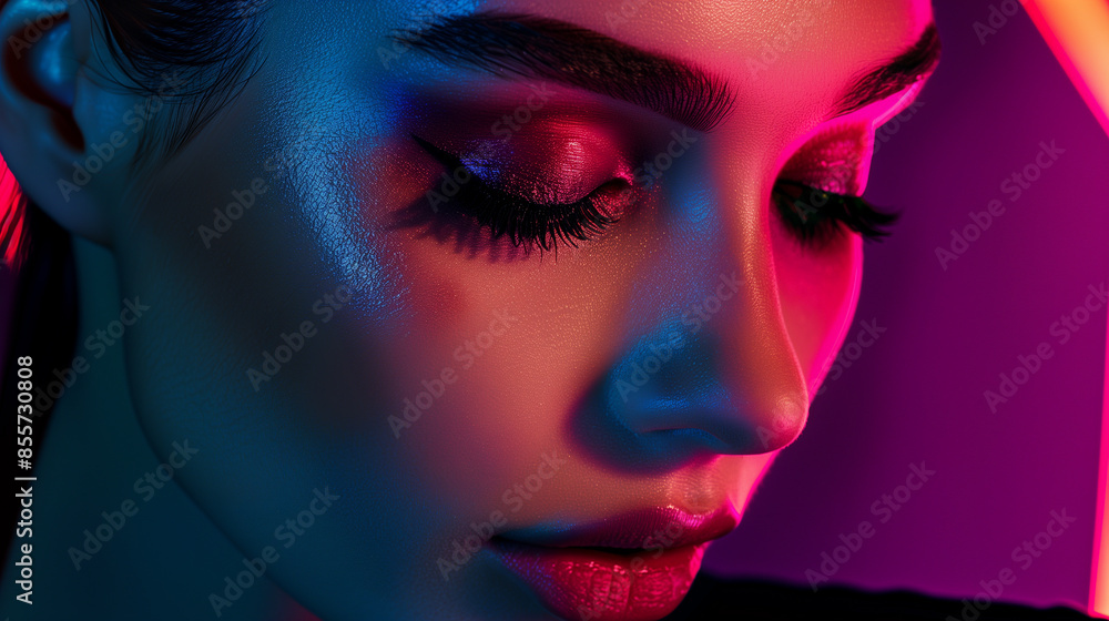 Woman with Vibrant Neon Makeup in Dramatic Lighting Woman with Vibrant Neon Makeup in Dramatic Lighting