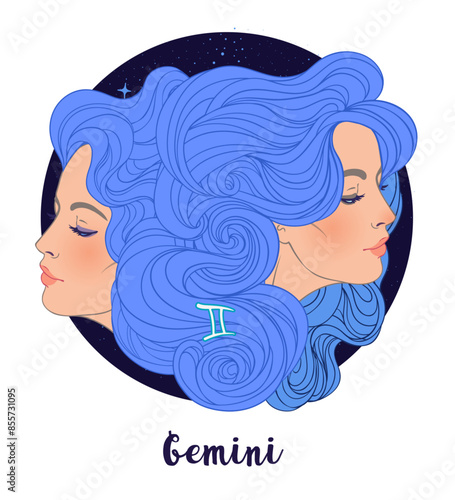 Illustration of Gemini astrological sign as two beautiful girls. Zodiac vector illustration isolated on white. Future telling, horoscope, alchemy, spirituality, occultism, fashion woman.