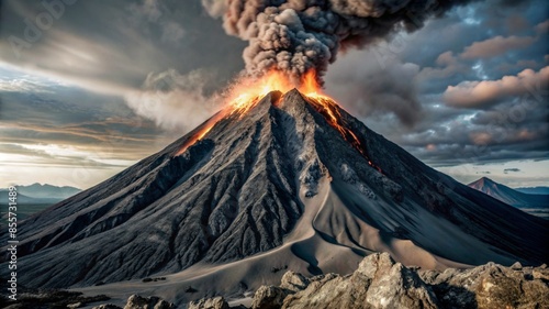 Erupting Volcano with Flowing Lava and Ash Clouds: Majestic Natural Power and Geological Phenomenon. photo