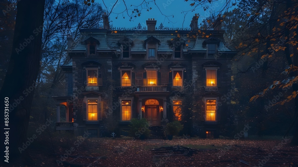 Haunting Mansion with Flickering Lights in the Windows Ominous Gothic Architecture in the Nightfall Haunting Mansion with Flickering Lights in the Windows Ominous Gothic Architecture in the Nightfall