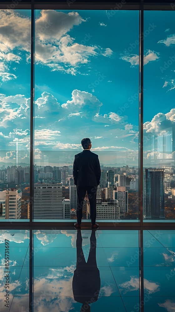 Fototapeta premium Business Leader s Moment of Reflection in Panoramic High Rise Office