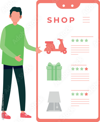 The boy is telling about online shopping rating.