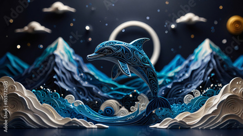 Dolphin jumping out of the water Magnificent scenery of mysterious mountains The art of kirigami paper rolling photo