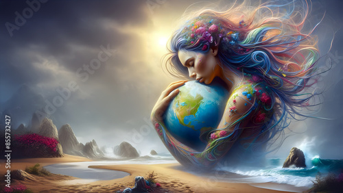 Fototapeta Naklejka Na Ścianę i Meble -  A Beautiful woman with planet Earth in her hands coming out of the beach. Conceptual image, concept of environment, Earth Day, and save our planet