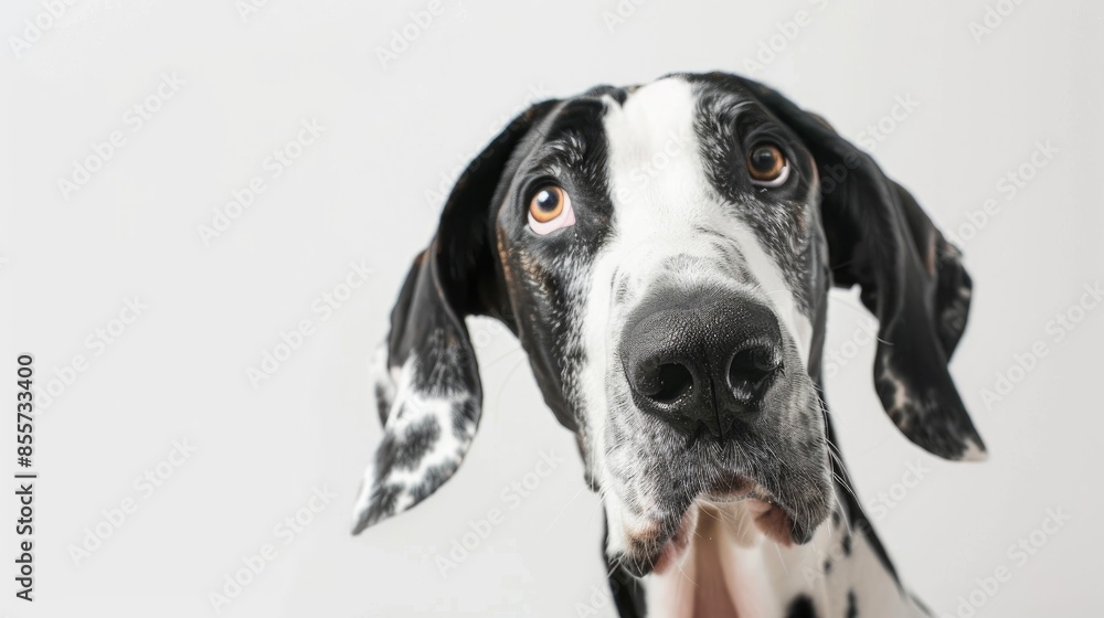 Large harlequin Great Dane with brown eyes on white background looking curious and attentive