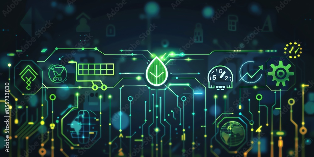 A sleek digital image depicting Kjupi's integration of sustainability and advanced technology in advertising. Background gradient dark blue with faint digital circuits. Icons from left to right 2:1 A sleek digital image depicting Kjupi's integration of sustainability and advanced technology in advertising. Background gradient dark blue with faint digital circuits. Icons from left to right 2:1