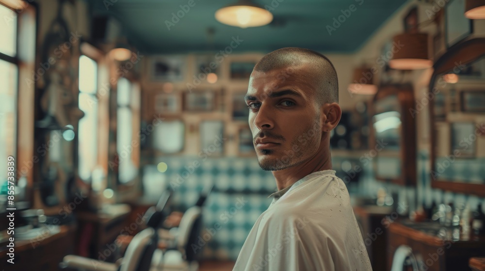A man with a clean, shaved head, highlighting the smooth and polished look. The photo emphasizes the simplicity and boldness of the style. The background is a modern barbershop with sleek, minimalist A man with a clean, shaved head, highlighting the smooth and polished look. The photo emphasizes the simplicity and boldness of the style. The background is a modern barbershop with sleek, minimalist