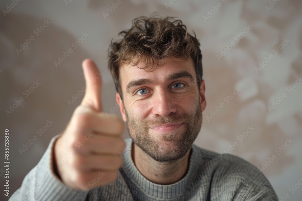 Portrait of a tender man in his 40s showing a thumb up isolated in minimalist or empty room background Portrait of a tender man in his 40s showing a thumb up isolated in minimalist or empty room background
