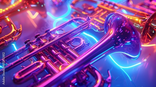 Vibrant Neon Brass Instruments in Futuristic Artistic Composition
