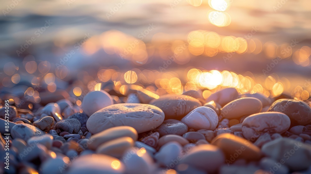 Coastal beach pebbles in golden, warm sunlight Coastal beach pebbles in golden, warm sunlight