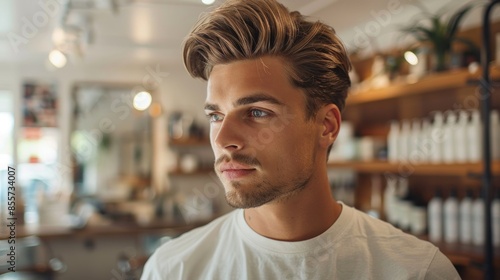 A man with a stylish quiff hairstyle, showcasing the volume and sleekness. The photo emphasizes the meticulous styling and the polished finish. The background is a contemporary barbershop with a photo