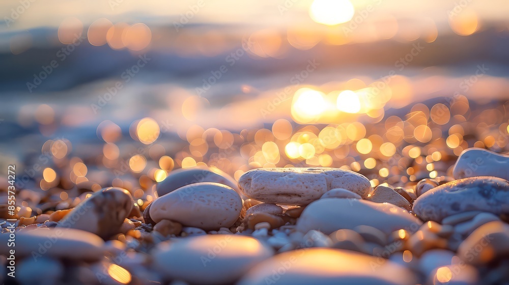 Fototapeta premium Sunlit beach pebbles glowing in golden light