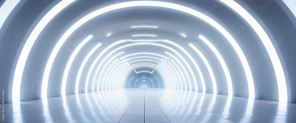  White background 3D room light abstract space technology tunnel stage floor. Empty white future 3D neon background studio futuristic corridor render modern interior silver road black wall design gray