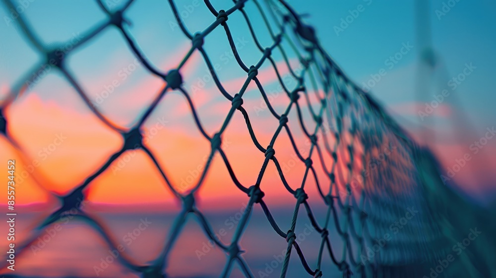 Wire Mesh or Metal Net Against a Sunset Background with a Blue Sky and a Gap in the Net Wire Mesh or Metal Net Against a Sunset Background with a Blue Sky and a Gap in the Net