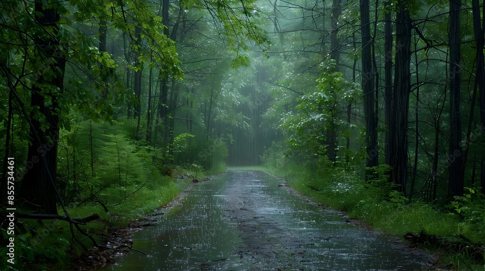 Obraz premium Serene Pathway Through a Lush Rain Soaked Forest Landscape