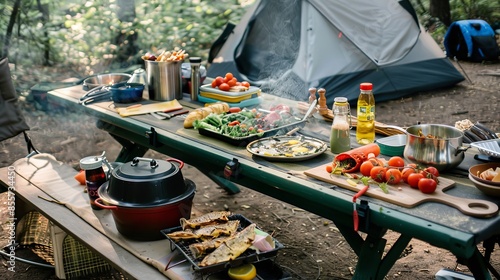 Outdoor Camping Feast: Food Table and Cooking Equipment