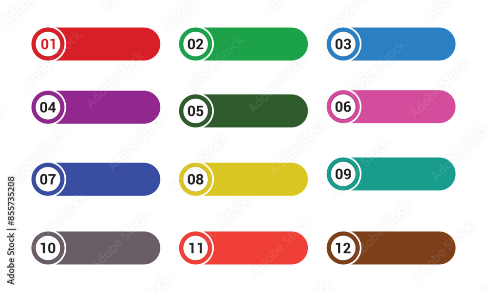 Set of Modern bullet points number 1 to 12, Bullet points with with color stickers and cope space, colorful text boxes. Web element. Vector illustration. Set of Modern bullet points number 1 to 12, Bullet points with with color stickers and cope space, colorful text boxes. Web element. Vector illustration.