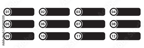 Set of Modern bullet points number 1 to 12, Bullet points with with black stickers and cope space text boxes. Web element. Vector illustration.