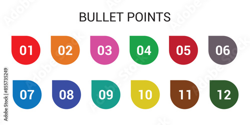number bullet points from one to twelve  vector set. Colorful bullet point number collection