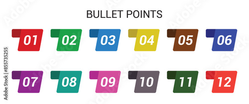 number bullet points from one to twelve  vector set. Colorful bullet point number collection