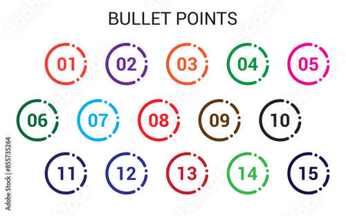 number bullet points from one to fifteen vector set. Colorful bullet point number collection