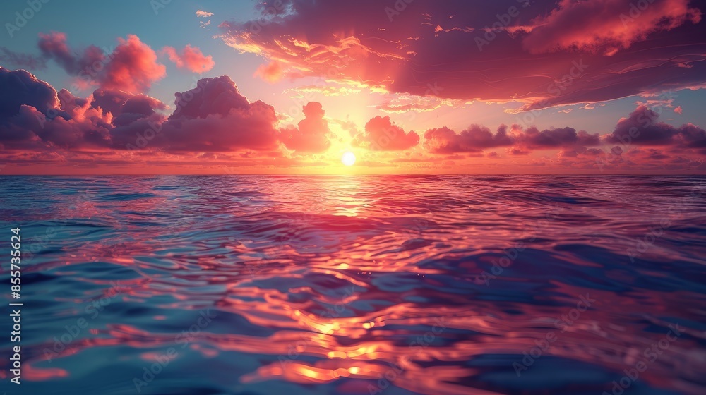 Fototapeta premium Vibrant sunset over the ocean with dramatic pink and purple clouds, perfect for romantic and serene themes