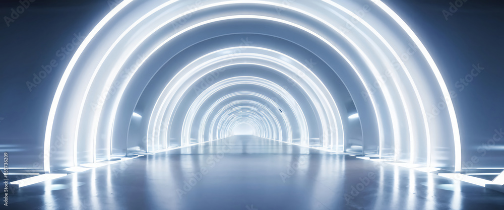 White background 3D room light abstract space technology tunnel stage floor. Empty white future 3D neon background studio futuristic corridor render modern interior silver road black wall design gray White background 3D room light abstract space technology tunnel stage floor. Empty white future 3D neon background studio futuristic corridor render modern interior silver road black wall design gray