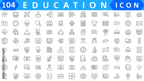 E-learning icon set. Online education icon set. Thin line icons set. Distance learning. Containing video tuition, e-learning, online course, audio course, educational website