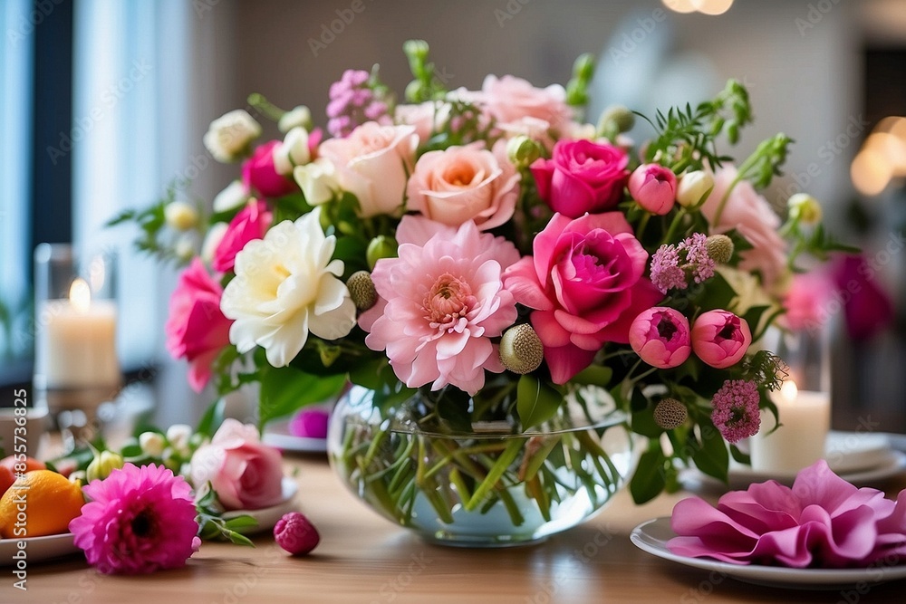 A beautiful bouquet of fresh flowers brings elegance to the table A beautiful bouquet of fresh flowers brings elegance to the table