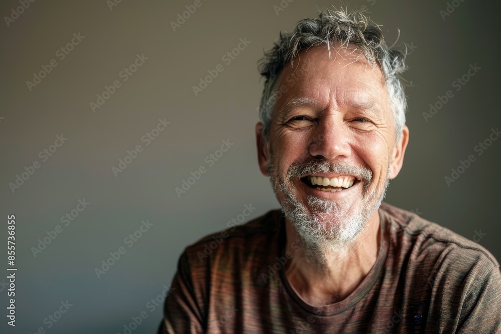 Portrait of a grinning man in his 50s laughing isolated in minimalist or empty room background Portrait of a grinning man in his 50s laughing isolated in minimalist or empty room background